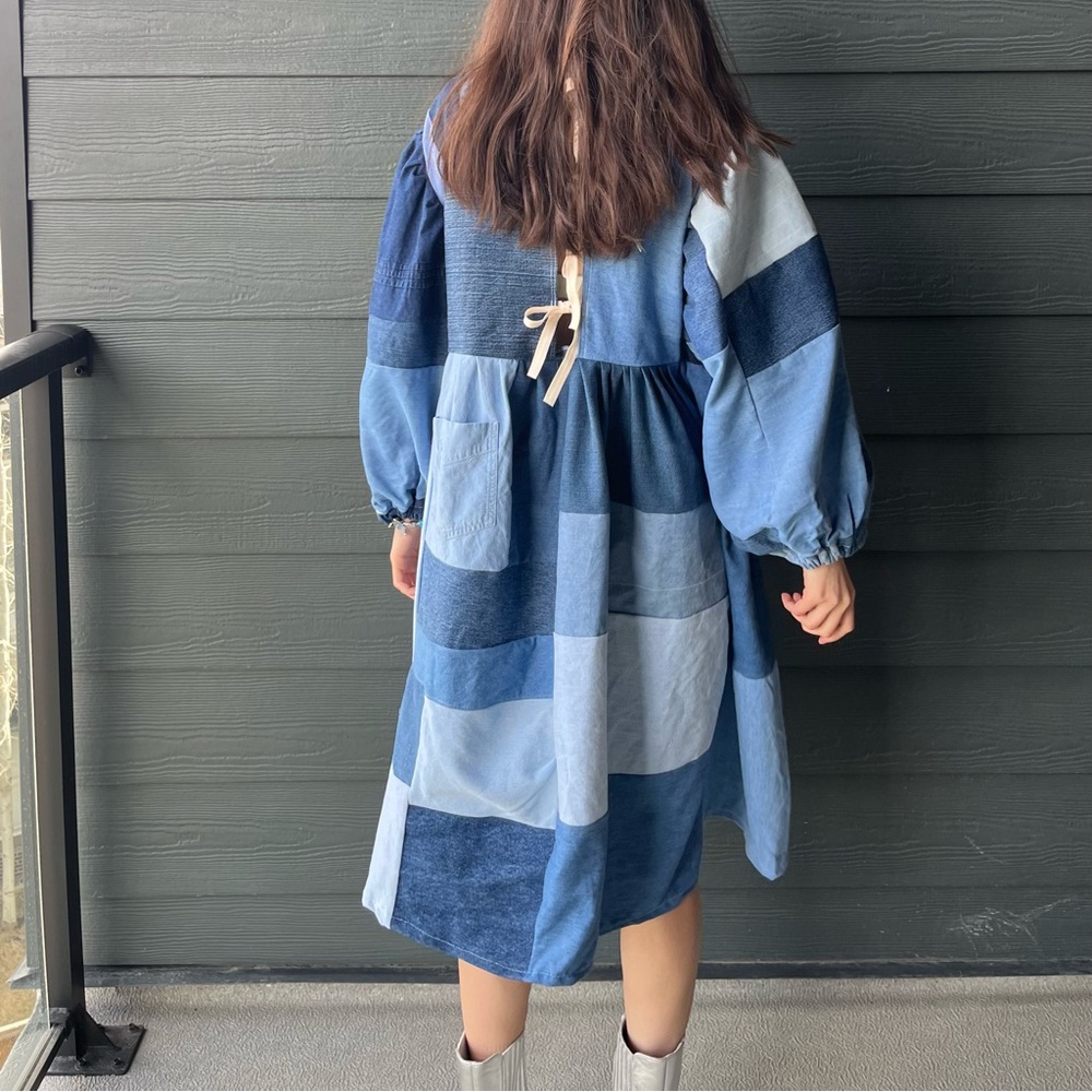 Handmade Denim Patchwork Quilted Puff Sleeves Cottage Dress SKU 04117 - Picture 10 of 16